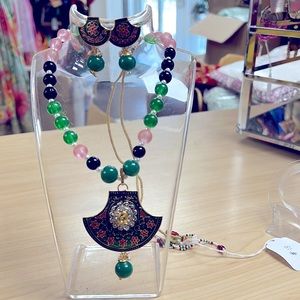 Necklace with matching earrings - green metal pendant with color beads